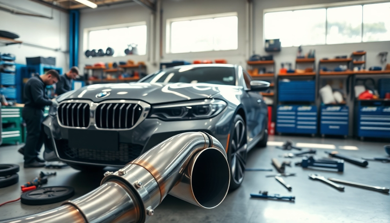 Mechanic installing a G90 downpipe, highlighting performance enhancement features.