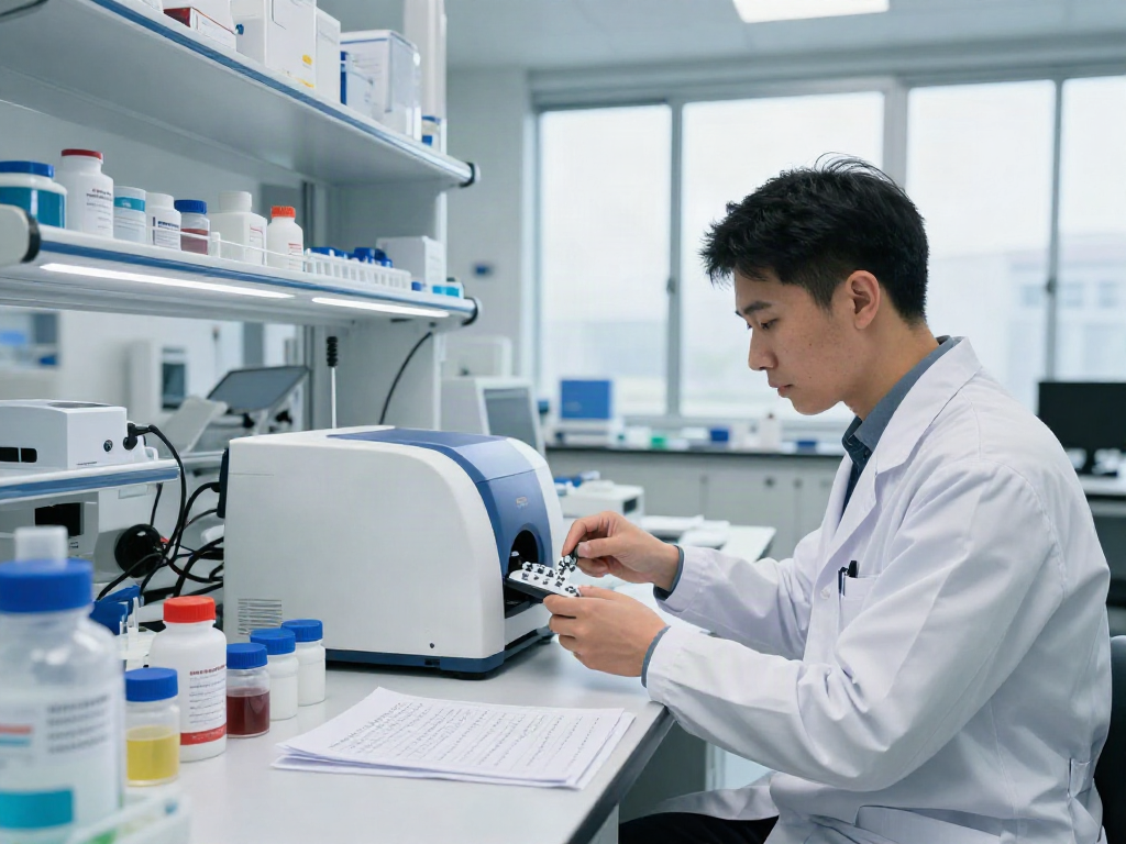 USA peptide supplier in a state-of-the-art lab with scientists synthesizing peptides and analyzing vials.
