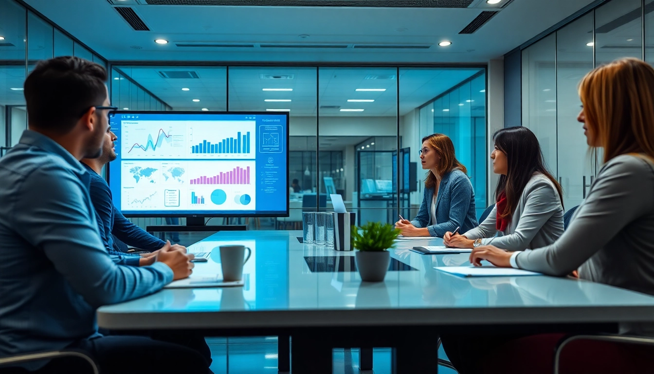Engaged team discussing information at a modern office conference table with digital displays.