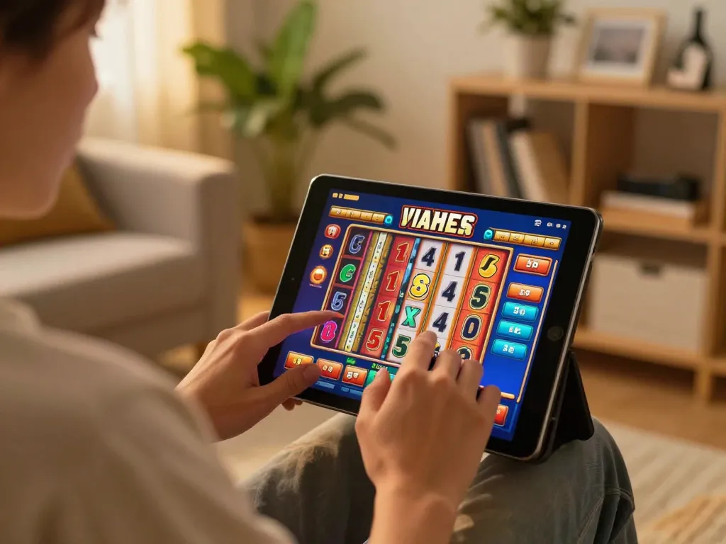 Engaging scene of home gaming featuring slot gacor min depo 10k on a tablet in a cozy setting, highlighting responsible gambling.
