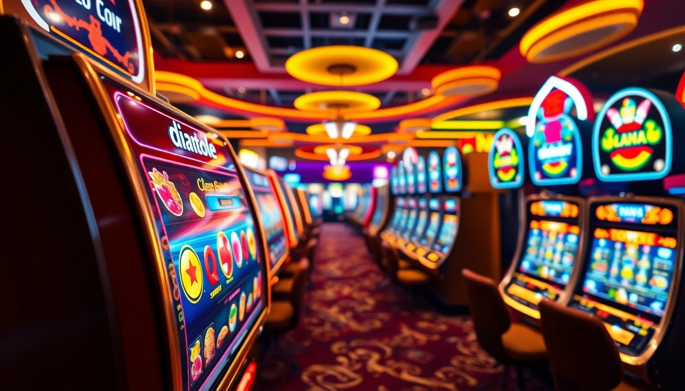 Permainan diantogel slot yang menarik dengan simbol berwarna cerah pada mesin slot.
