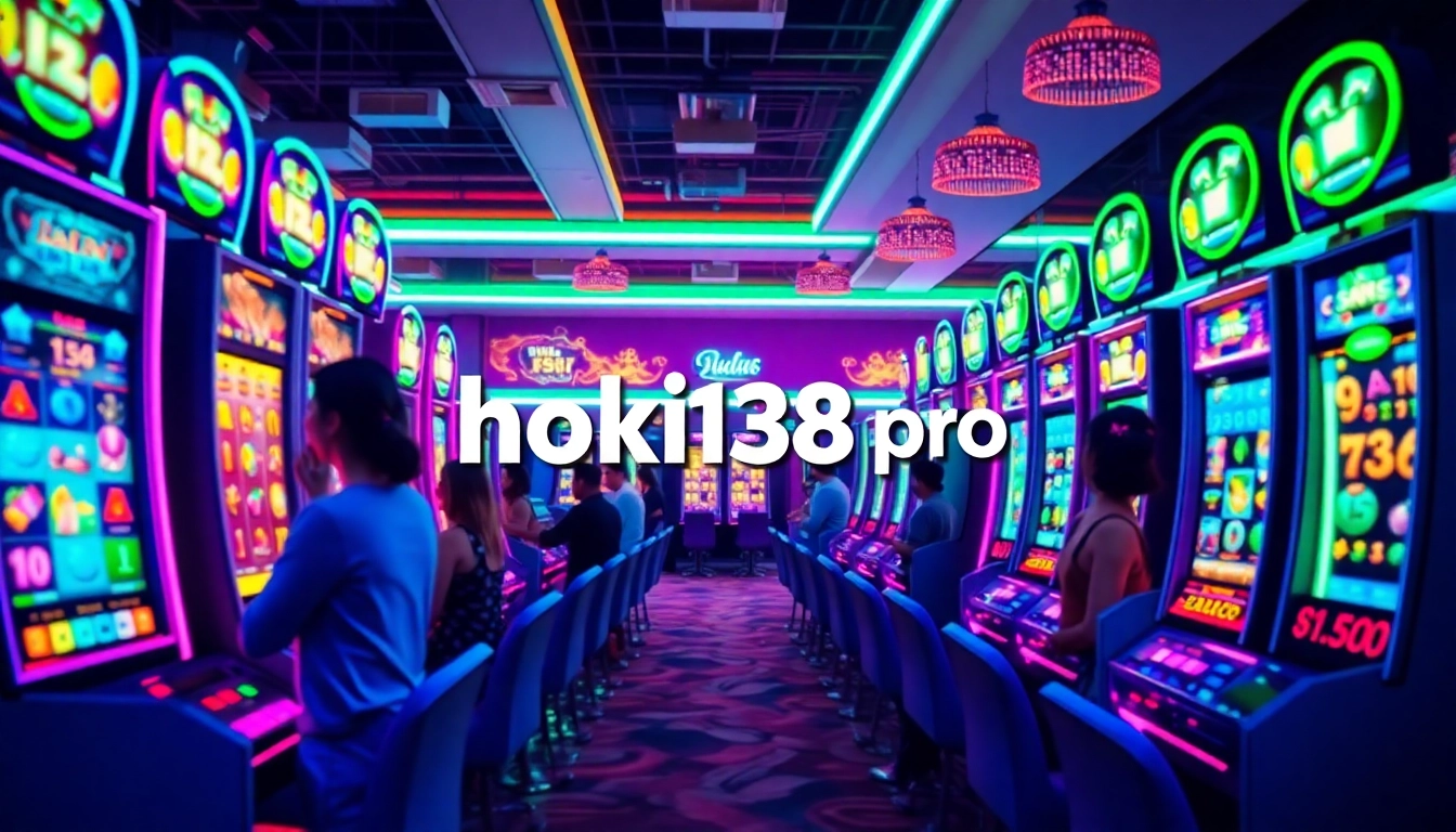 Vibrant scene from hoki138 pro highlighting glowing slot machines and excited players in an online gaming environment.