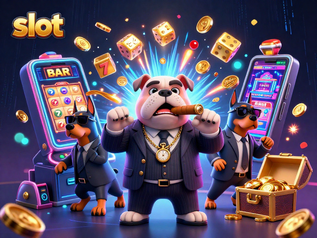 Slot mendapatkan jackpot dengan mesin slot, bulldog mafia dan anjing pengawal di latar belakang.
