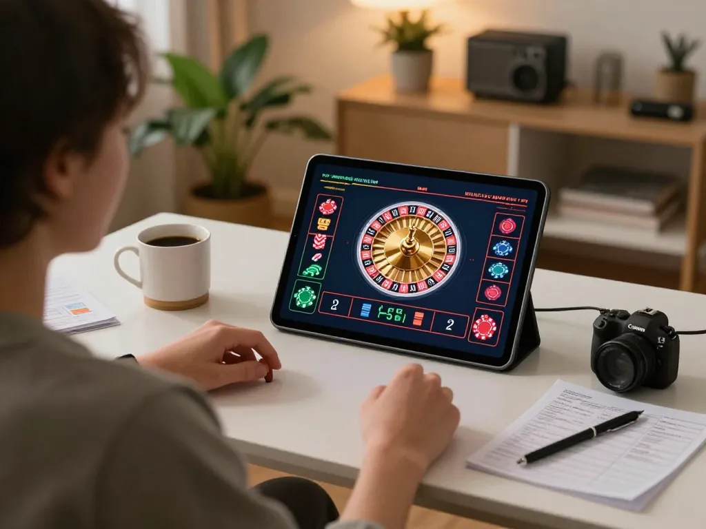 DABET roulette game displayed on tablet, showing chips and vibrant wheel in cozy home environment
