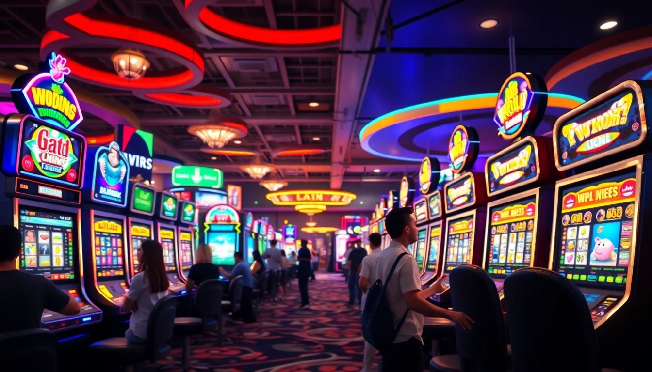 Menampilkan permainan slot88 dengan pemain penuh semangat di kasino yang ramai