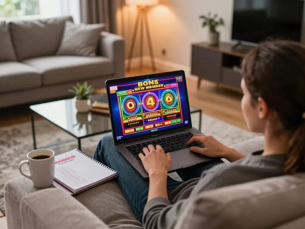 Engaging online slot gaming session illustrating bonus new member 100 excitement in a modern living room.