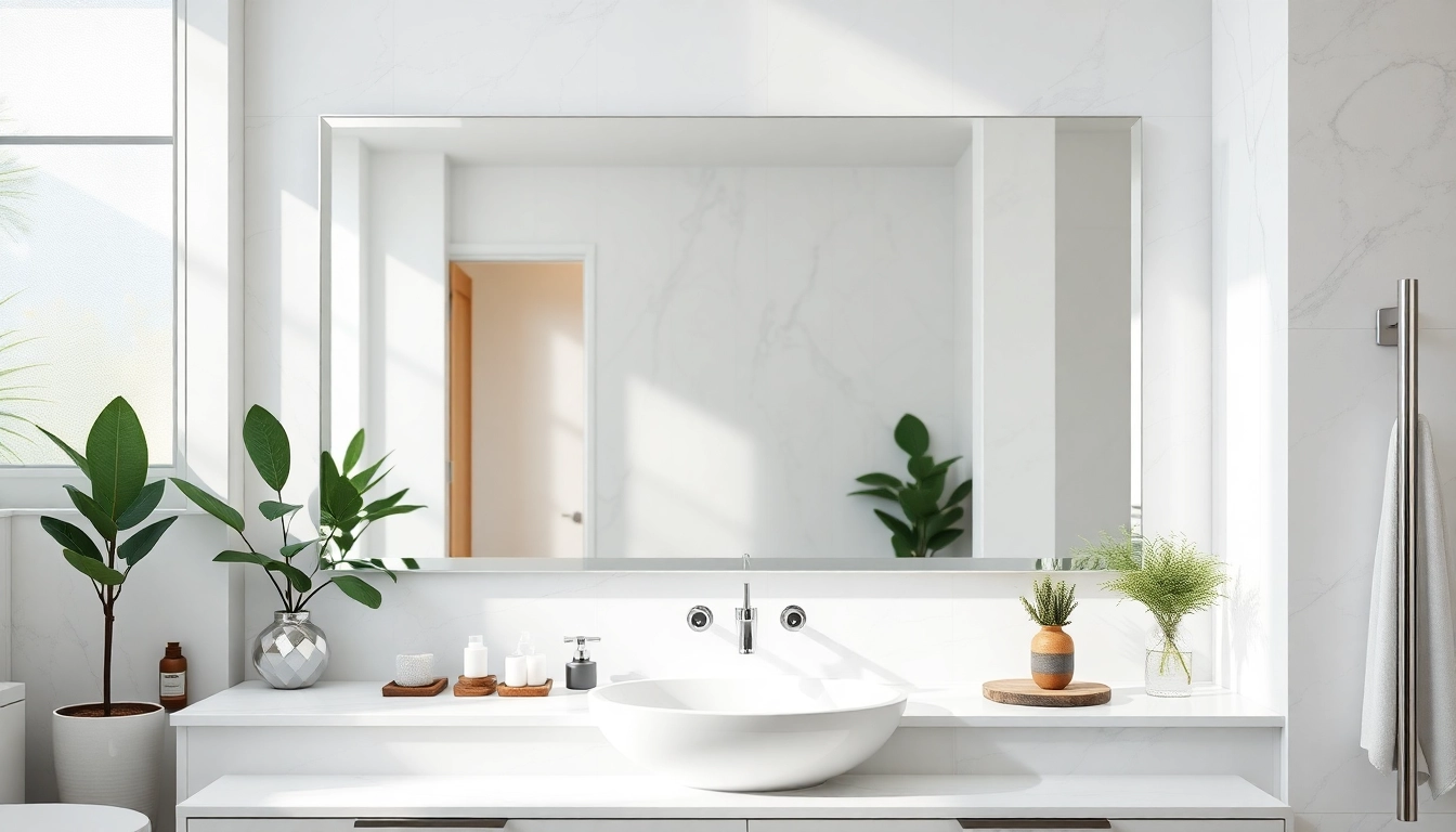 Reflective elegant bathroom mirror enhancing a modern restroom’s atmosphere with natural lighting.