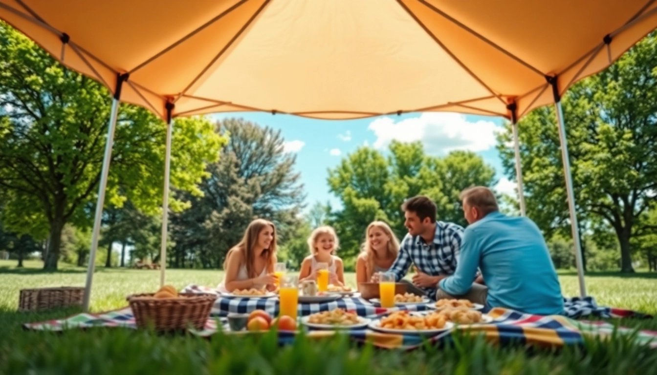 Families enjoying a sunny day under a canopy tent at an outdoor picnic.