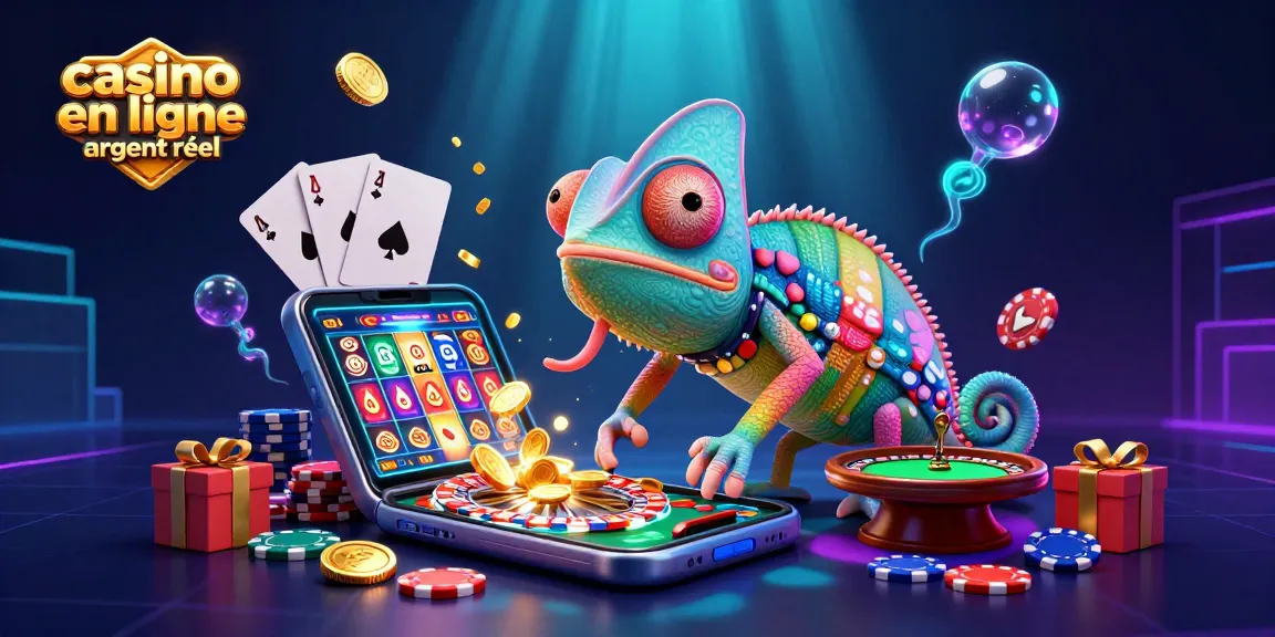 Jouez au casino en ligne argent réel avec un propriétaire caméléon vibrant au milieu des jeux de cartes et de dés.