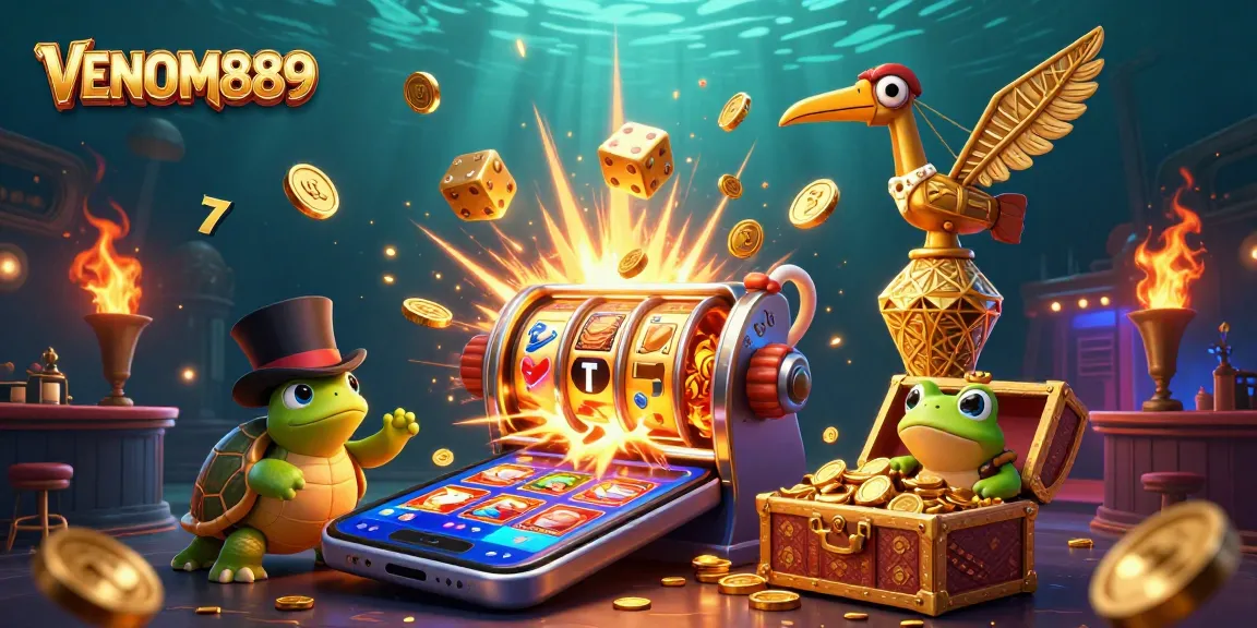 Experience the thrill of winning at VENOM889 with vibrant slot machines and characters celebrating jackpots.