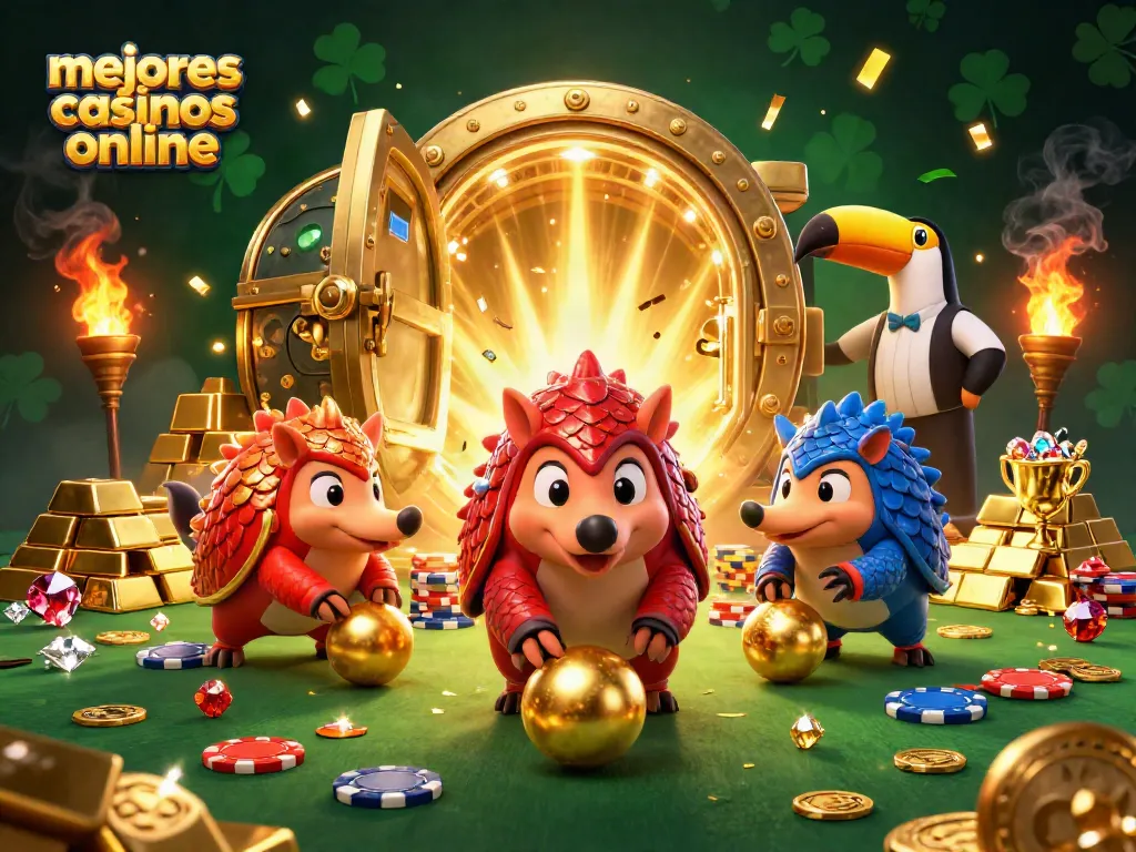 Descubre los mejores casinos online a través de una ilustración vibrante y detallada con pangolines rivales jugando entre fichas.