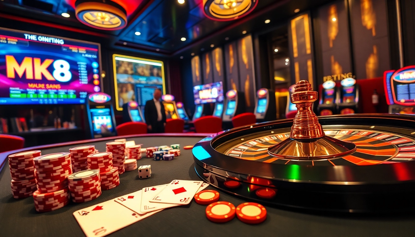 Engaging scene of MK8 online gambling featuring casino tables, roulette wheels, and betting action.