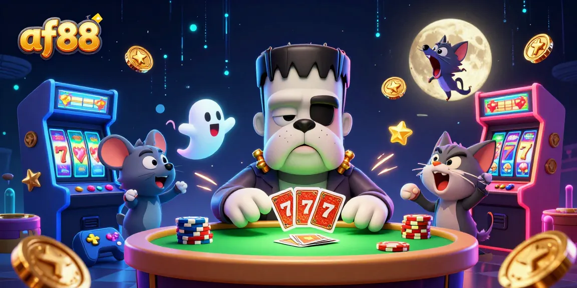af88 reveals thrilling gaming action with a spooky card dealer, slots, and ghostly characters in a vibrant casino scene