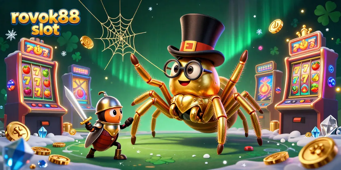 Engage with rokok88 slot through a vibrant 3D illustration featuring a golden tarantula and a beetle knight.