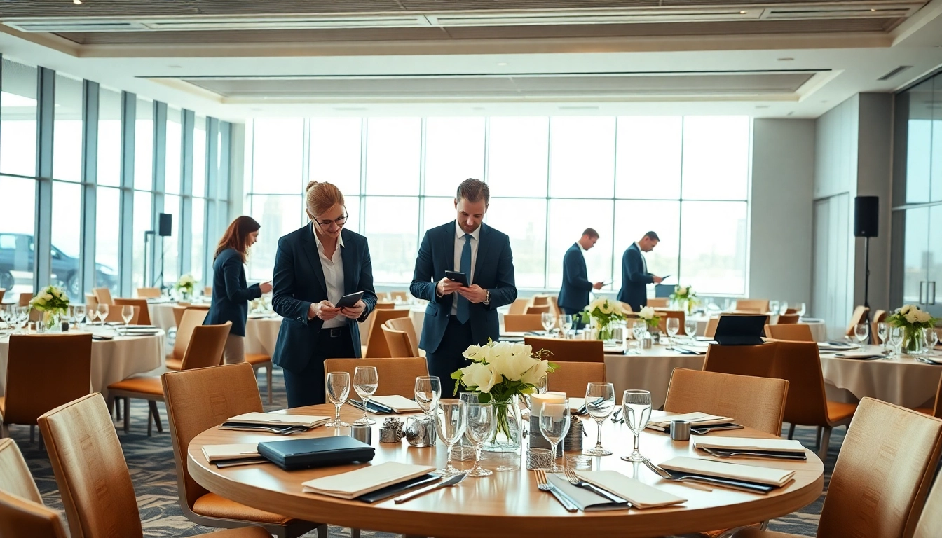 Corporate Event Planners expertly coordinating a professional event in a modern venue.