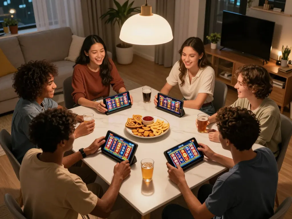 Friends enjoying exciting rokok88 slot gameplay during a lively home gaming night, with snacks and drinks around them.