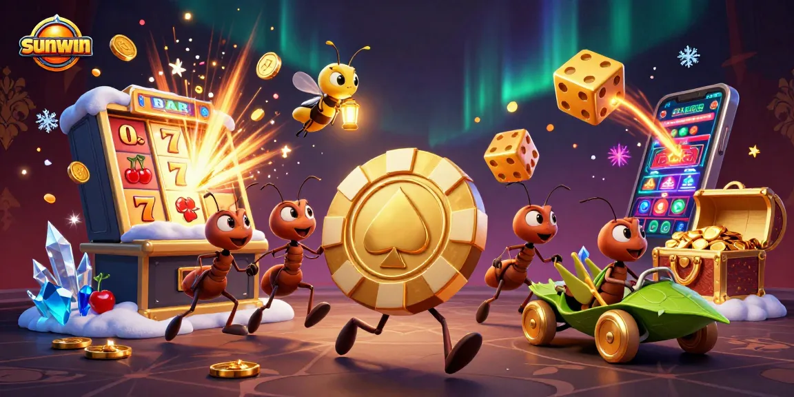 Join the excitement with sunwin as ants pull off a heist carrying a giant poker chip amidst colorful casino chaos!
