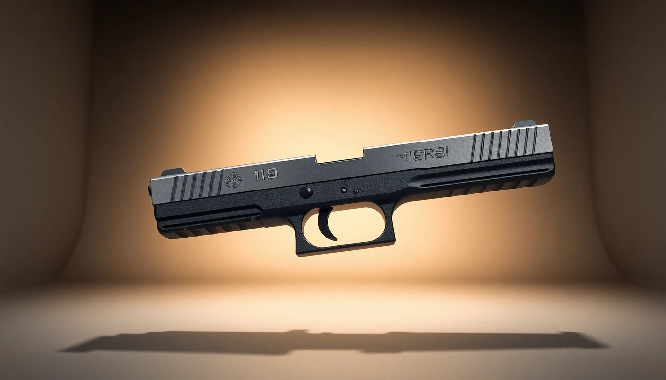 Glock 19 slide showcasing its intricate design and finish with a professional lighting setup.