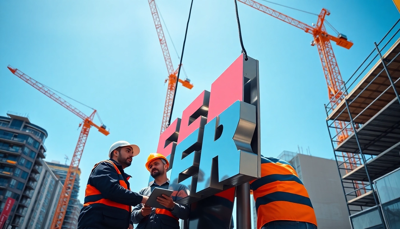 Team performing sign installation in an urban setting, showcasing skilled craftsmanship and teamwork.