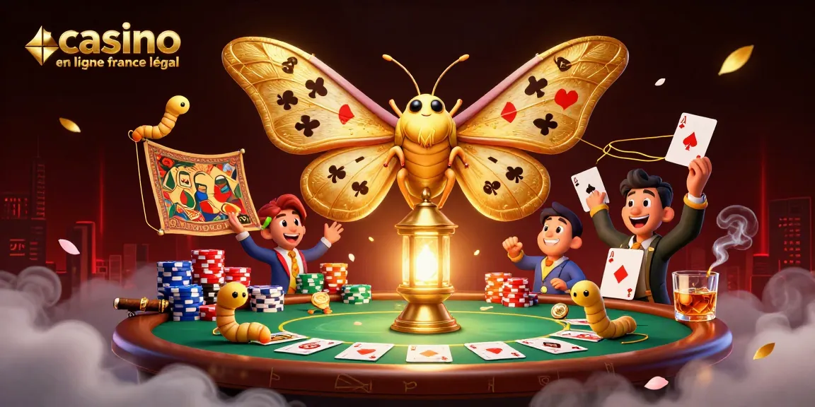 Un univers de jeux de casino en ligne légal en France avec un papillon géant et des scènes de jeux captivantes.