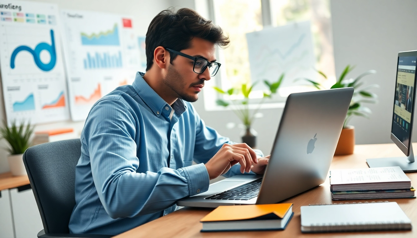 Visualizing thin content recovery through a professional SEO specialist analyzing data on a laptop in a bright workspace.