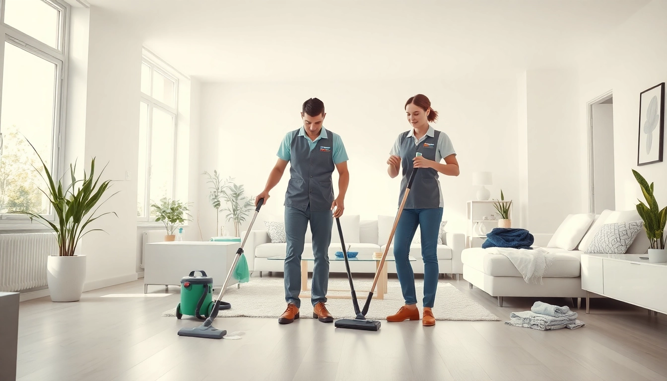 Cleaning Service team professionally organizing a bright and tidy living room.