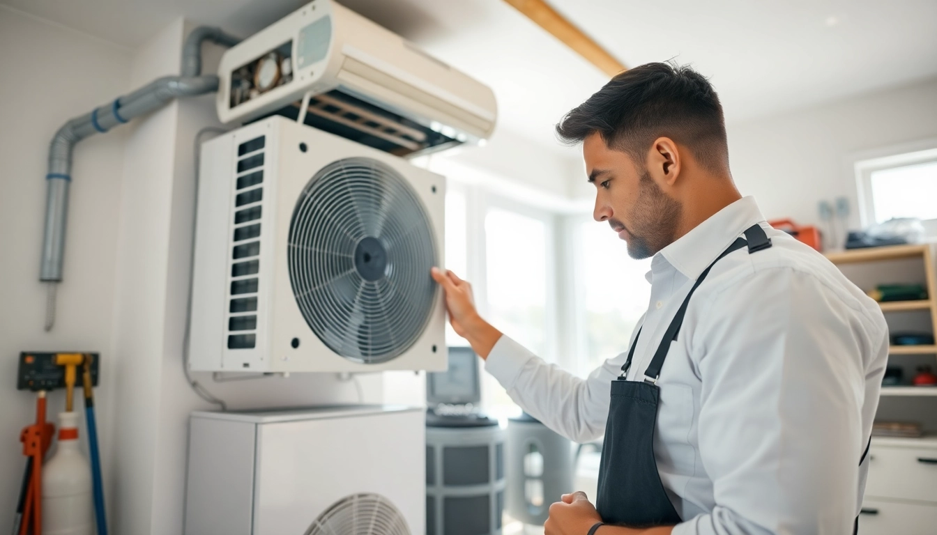 HVAC technician performing heat pump repair beekman in a clean, modern mechanical room.