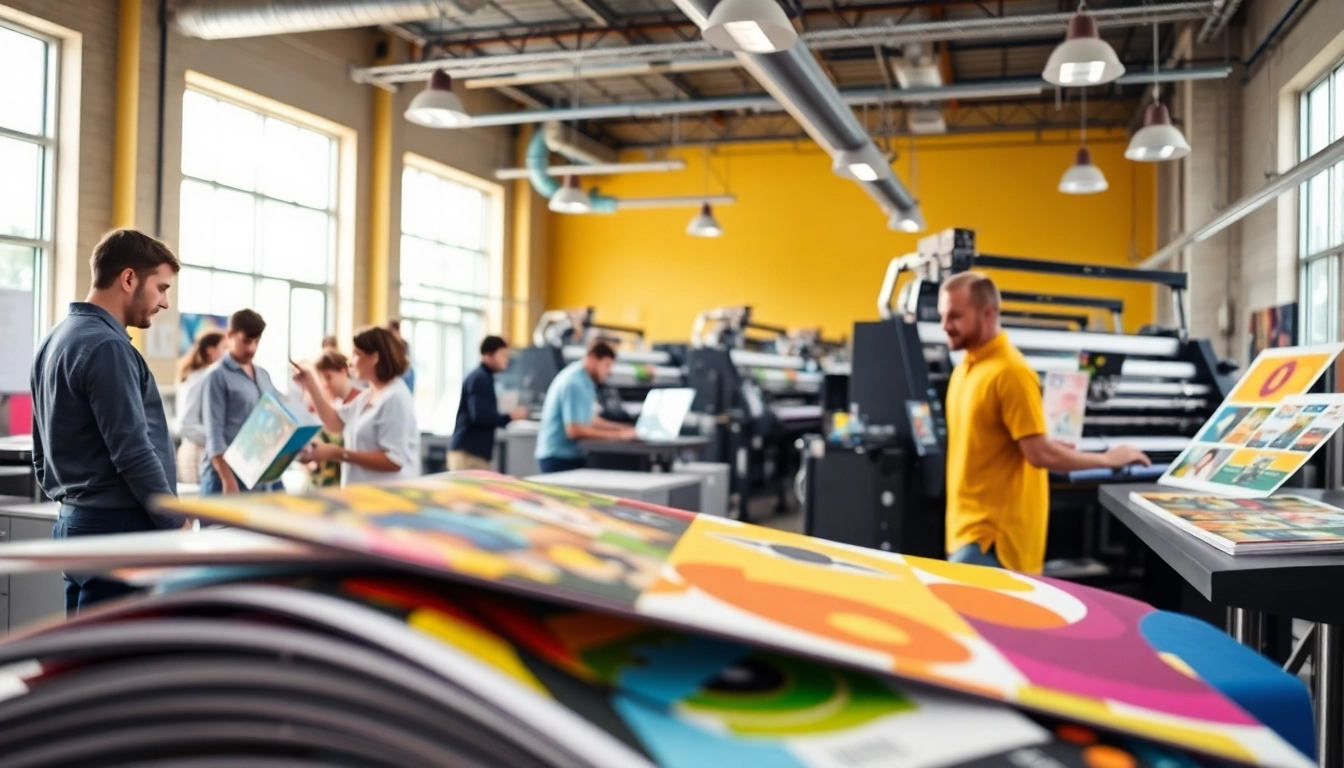 Engaging workspace of an Edmonton print shop featuring vibrant printed materials and machinery.