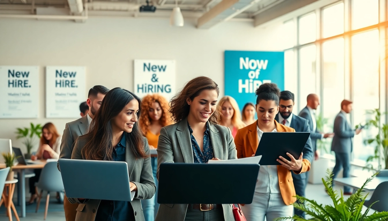 Engaged professionals discussing new hire jobs in a vibrant office environment