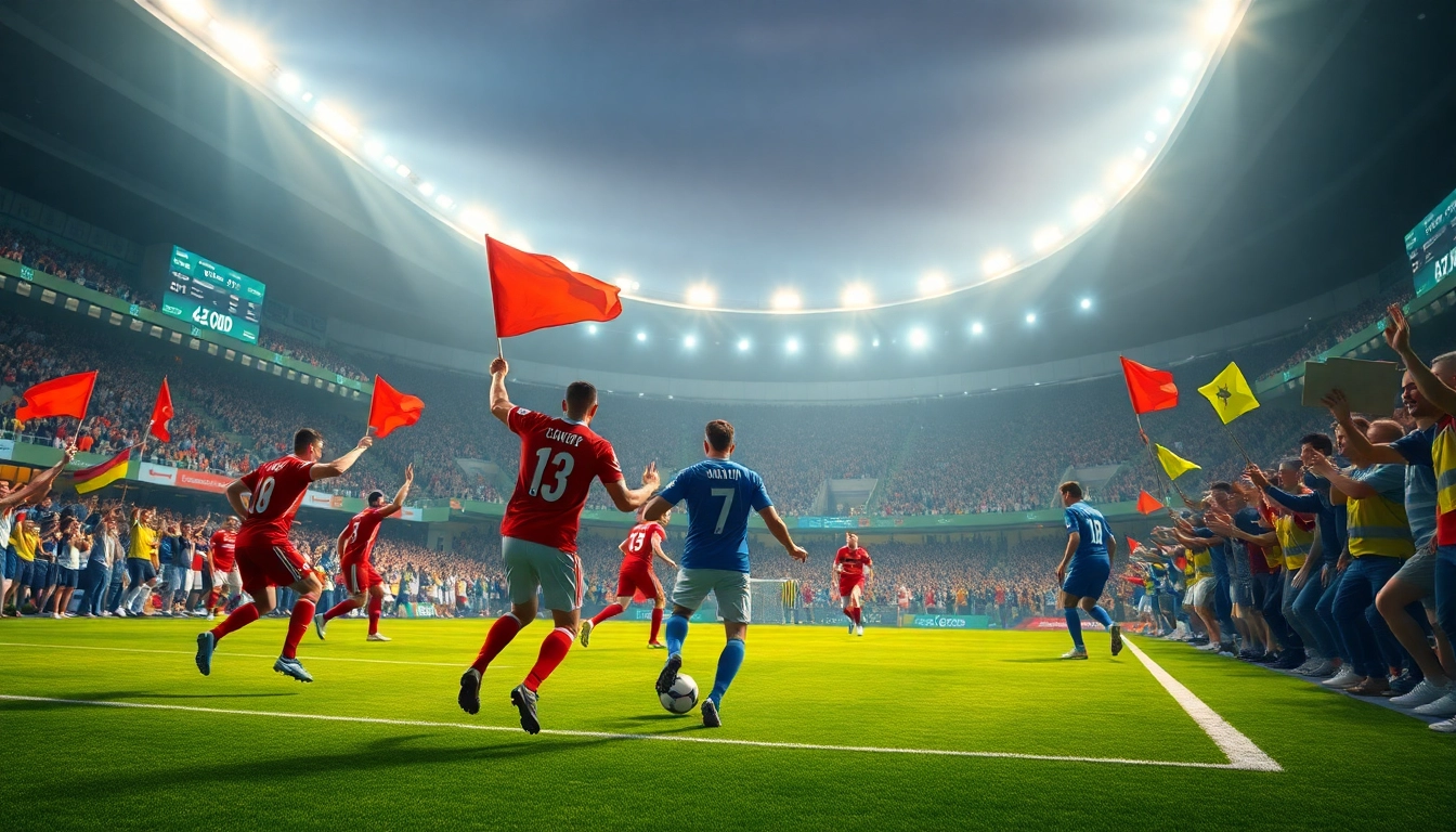 Dynamic soccer match illustrating tỷ lệ kèo excitement with fans and betting screens.