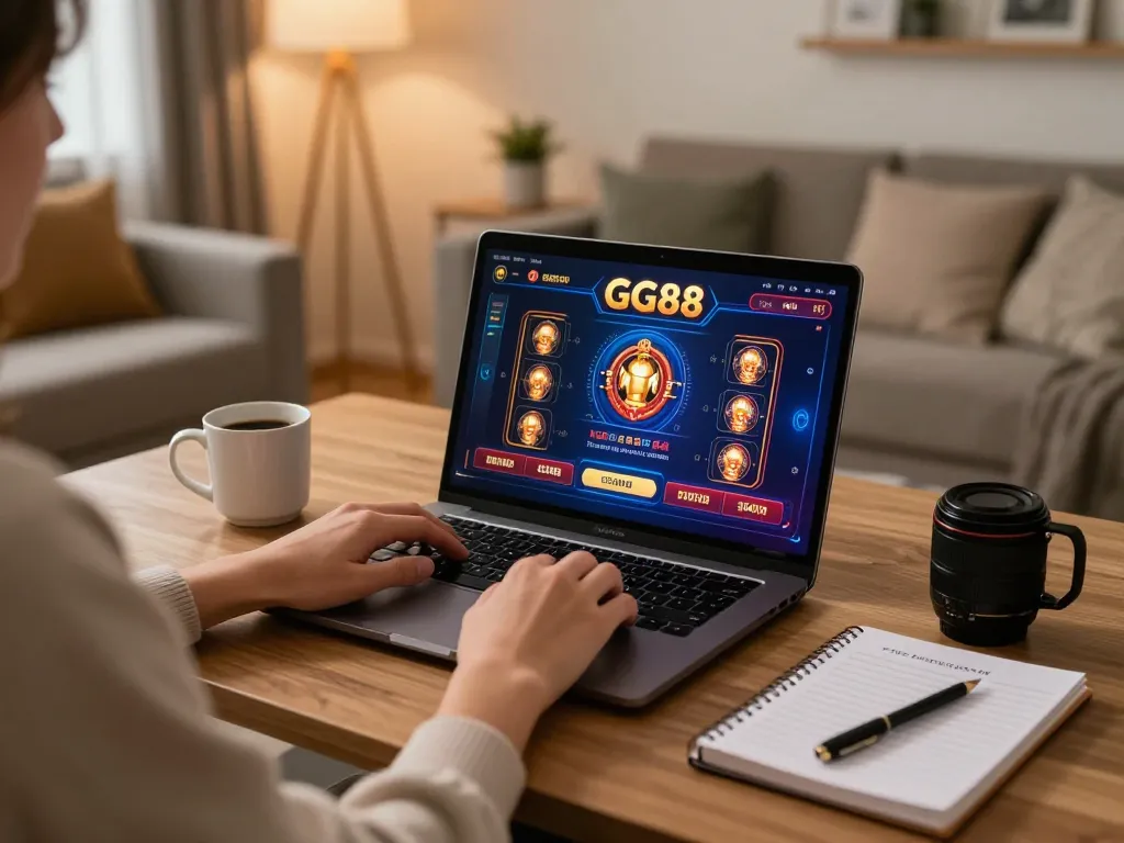 Experience exciting online gaming on GG88 from the comfort of home with a person using a laptop.