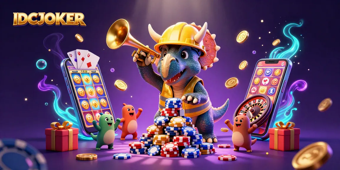 IDCJOKER showcases a triceratops building poker chip pyramids celebrating lottery wins in a vibrant casino scene.