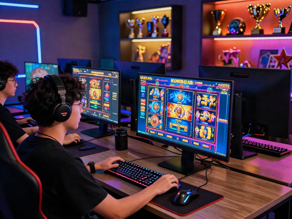 Engaging online gaming scene featuring slot server kamboja games with vibrant graphics and immersive accessories