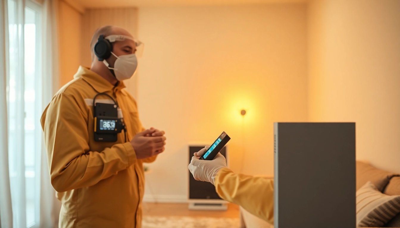 Professional conducting bed bug heat treatment in a well-lit apartment.