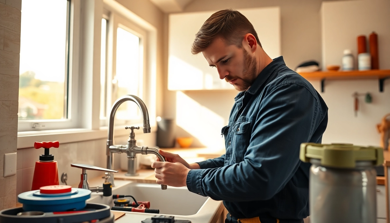 Plumber fixing a sink while showcasing bizzy bee plumbing services in a modern kitchen.