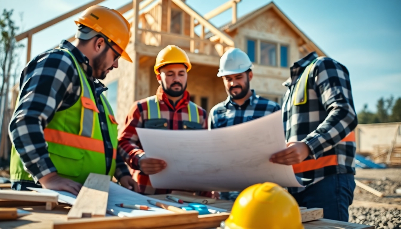 Builders discussing plans at a construction site, representing the Texas association of builders.