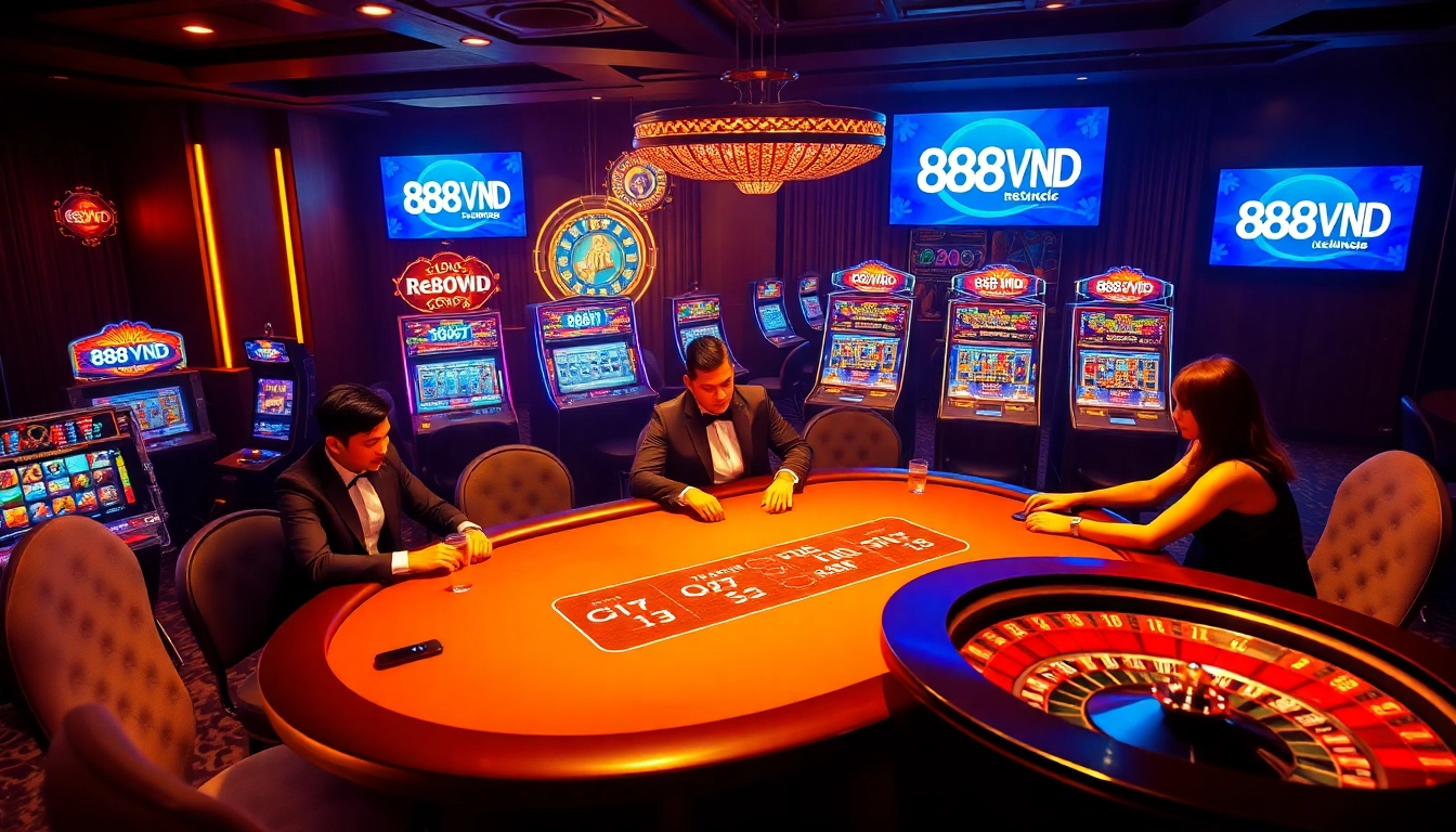 Experience the excitement of 888VND with players engaged at a high-stakes poker table in a vibrant casino atmosphere.