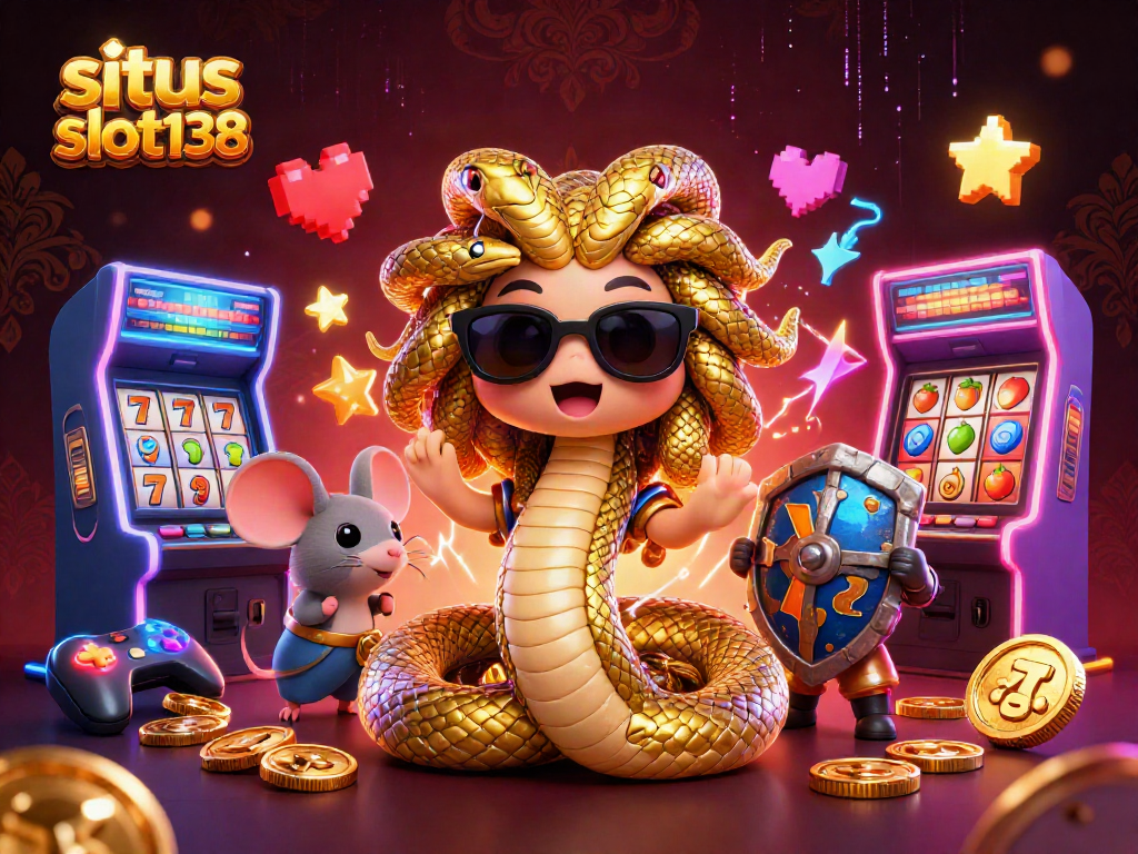 Spin to win at situs slot138 with a vibrant casino scene featuring Medusa and a warrior mouse.