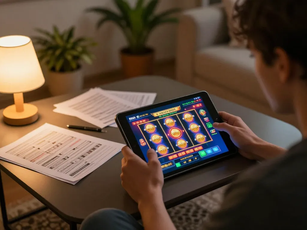 Engaging in casino online stranieri sicuri gameplay on a tablet, showcasing colorful slot machine interface and strategic notes.