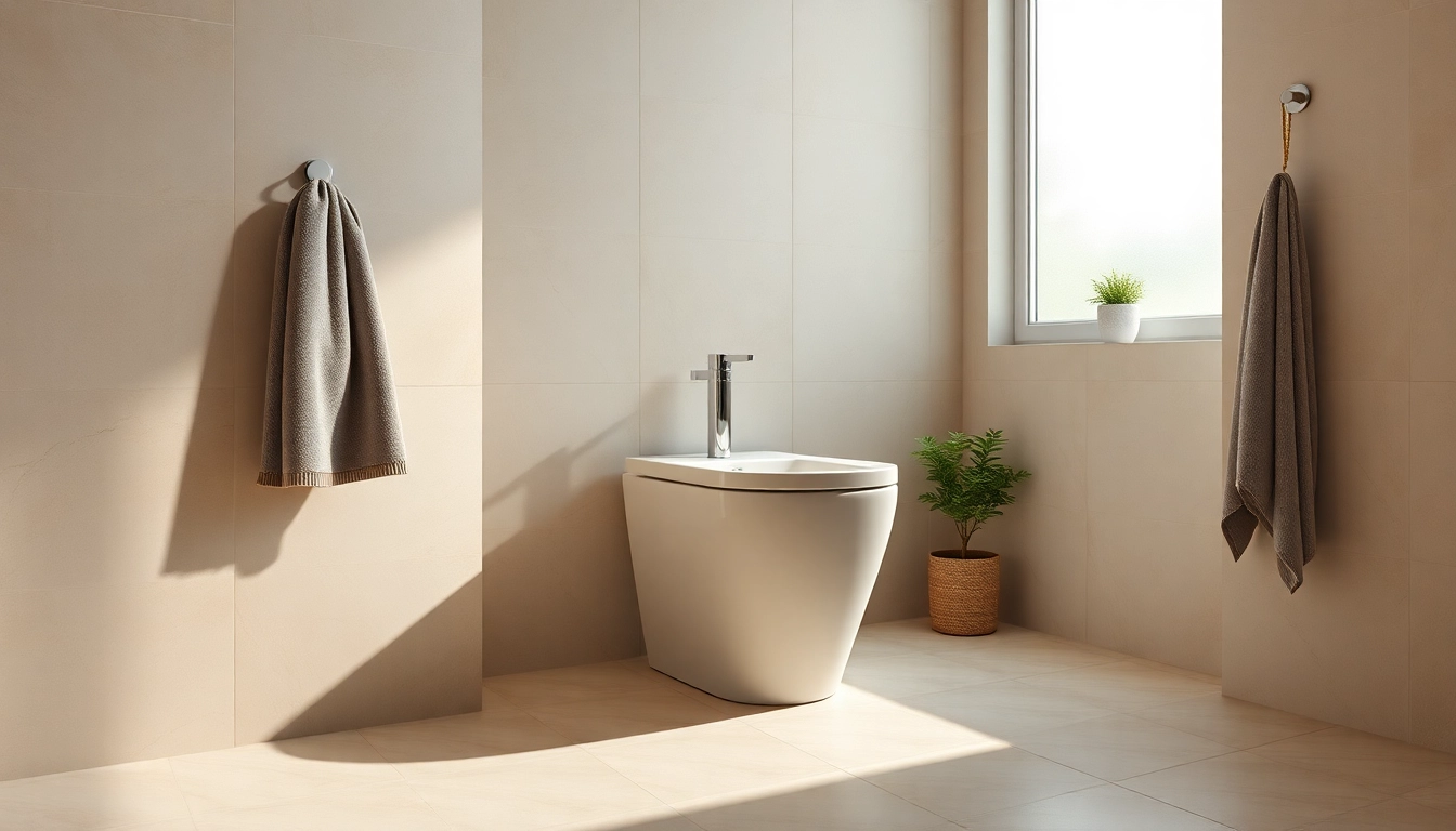 Il bidet moderno in un elegante bagno luminoso con decorazioni accoglienti.