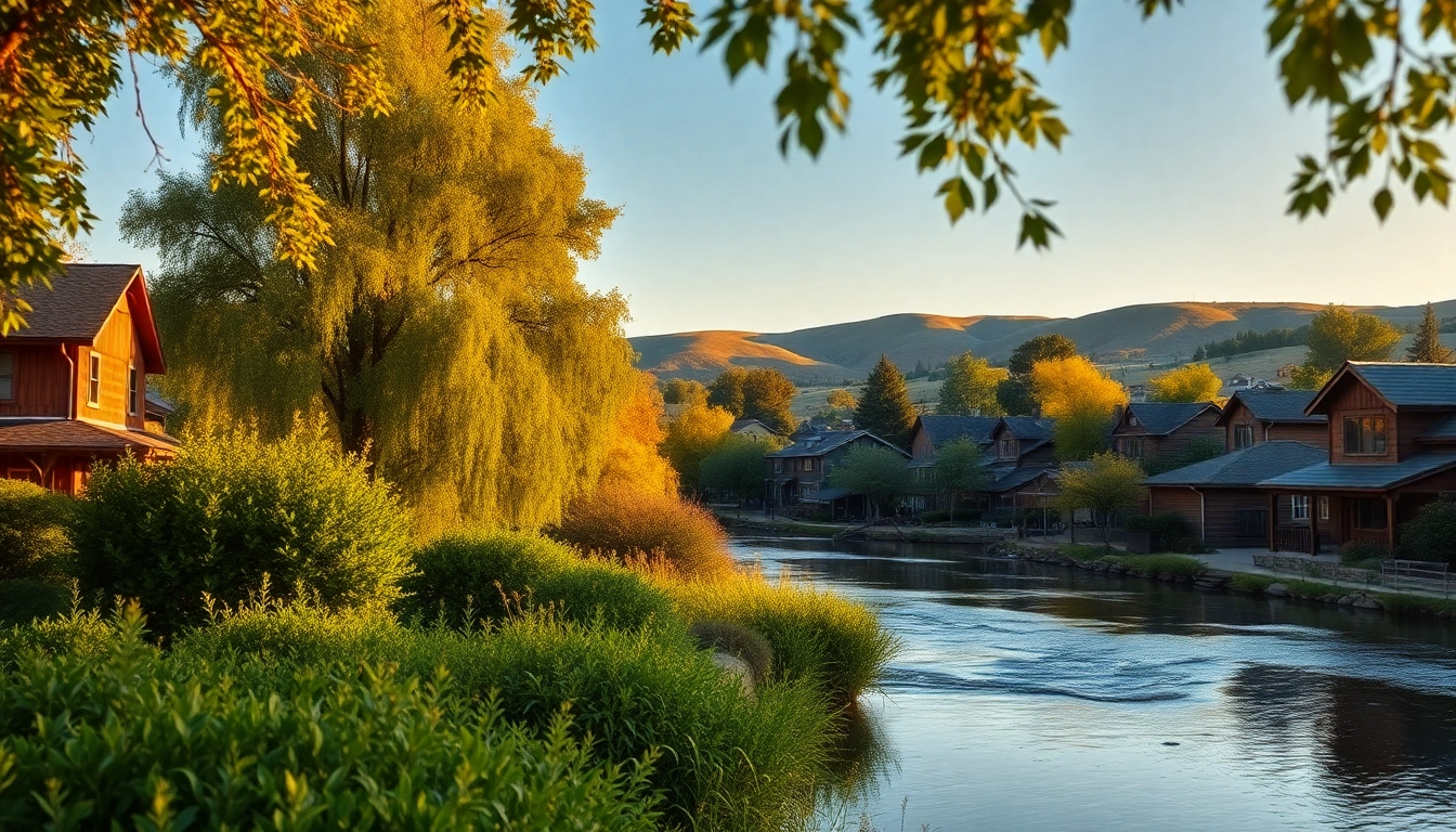 Scenic riverside view of Clarksburg CA with rustic houses and lush greenery.