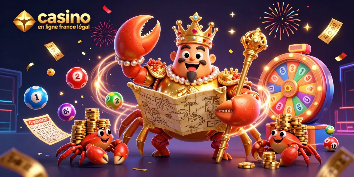Casino en ligne France légal : Illustration d'un crabe doré entouré d'éléments de loterie vibrants.