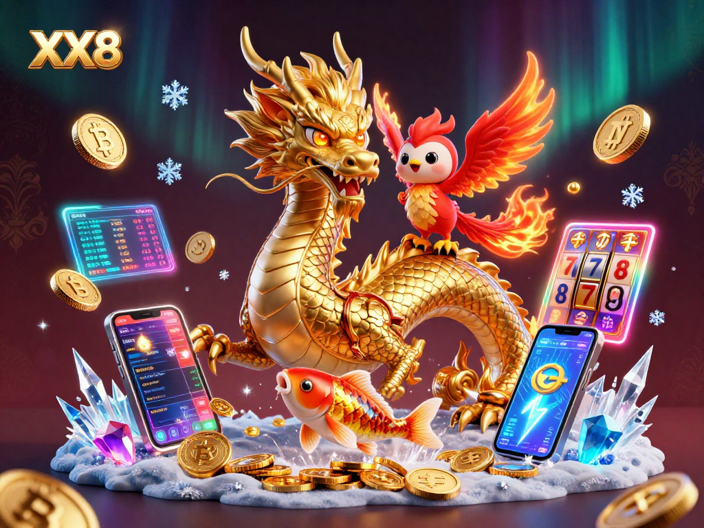 Engage with the exciting XX8 casino experience featuring a dynamic scene of a dragon, phoenix, and koi fish.