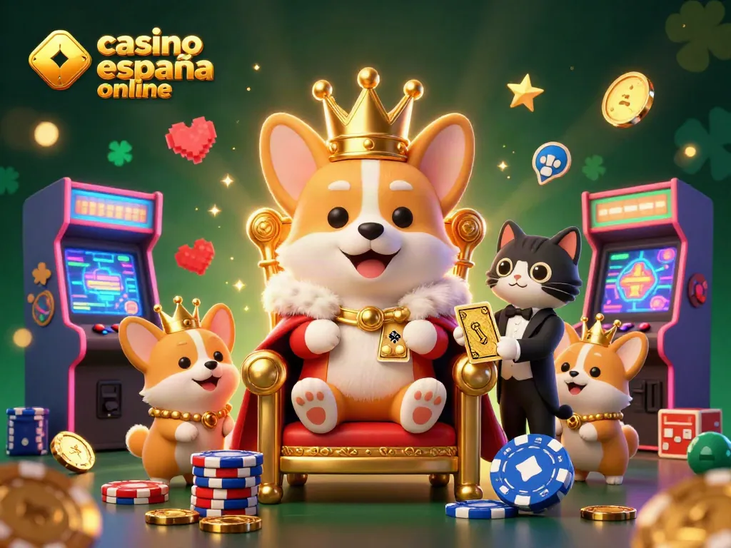 Juega en casino españa online con el rey Corgi y su mayordomo rodeado de elementos de casino.