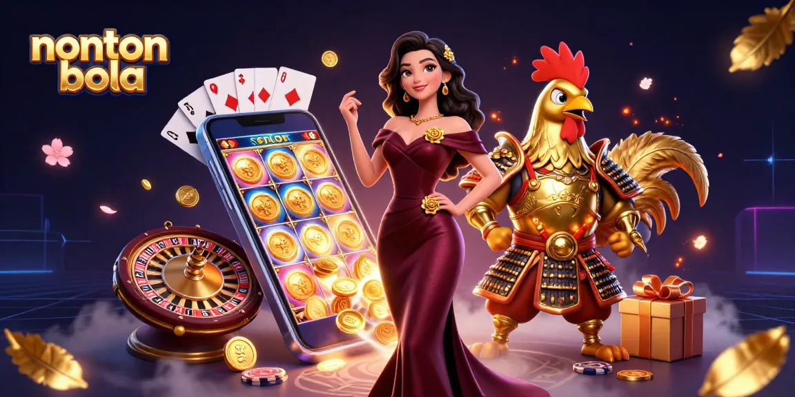 Nonton bola with a luxurious woman and a golden rooster warrior surrounded by vibrant gambling elements.