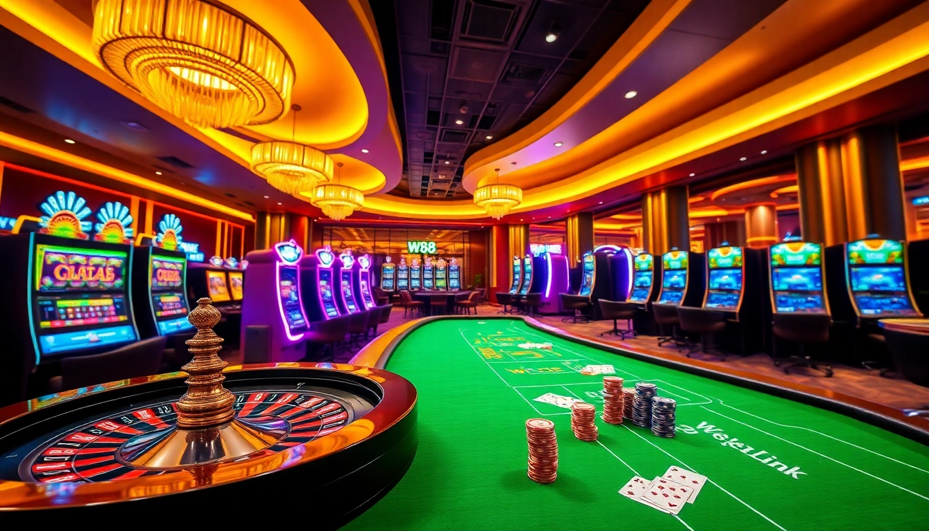 Người chơi tham gia với liên kết W88 roulette và casino trực tuyến, được bao quanh bởi các máy xèng sống động.
