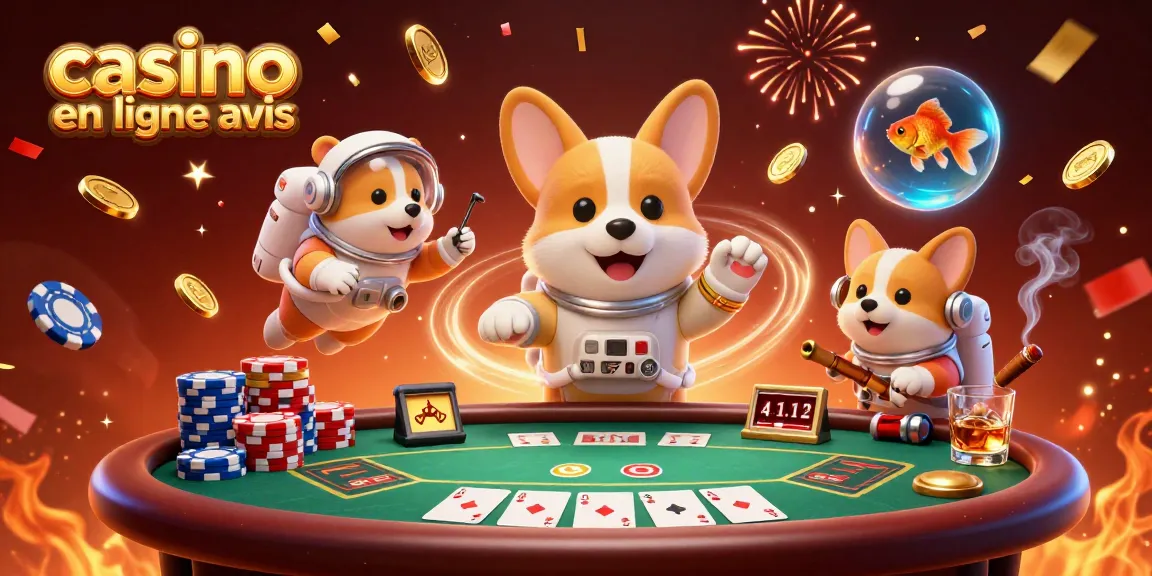 Expérience immersive sur casino en ligne avis avec un corgi astronaute flottant et des jetons de poker volants.