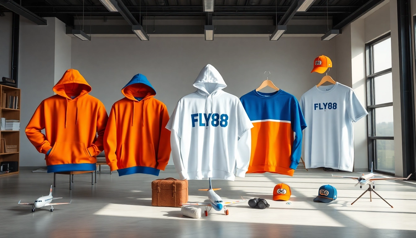 FLY88 aviation-inspired apparel collection featuring trendy hoodies and caps in a modern studio.