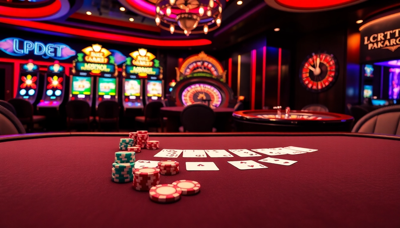 Experience b52 excitement at a luxurious casino with poker tables and vibrant slot machines.