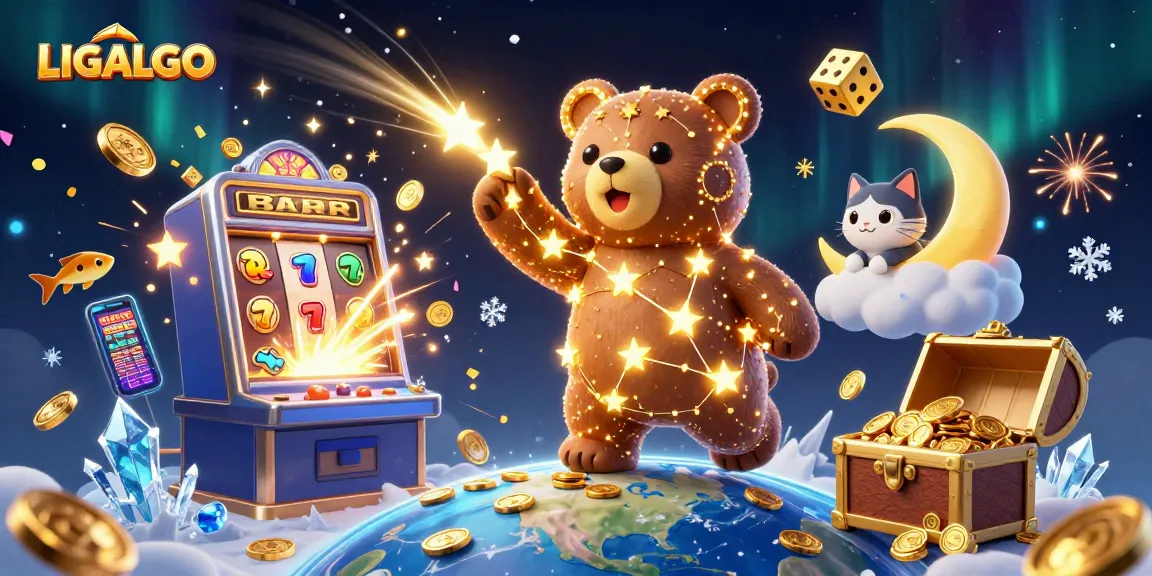Engage with LIGALGO's thrilling slot experience as the cosmic bear collects coins amidst festive bursts of light.
